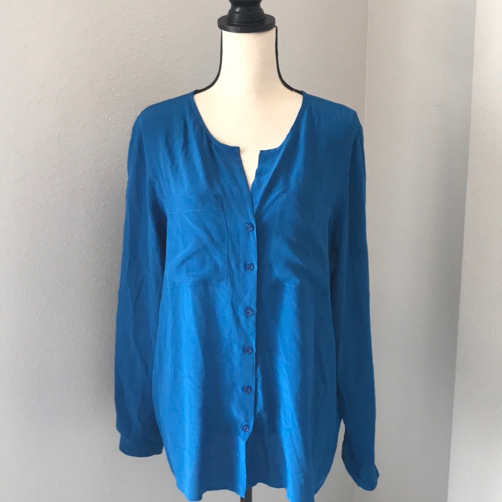 SILENCE+NOISE Women Long Sleeves Buttons Down Blue Silk Blouse | L